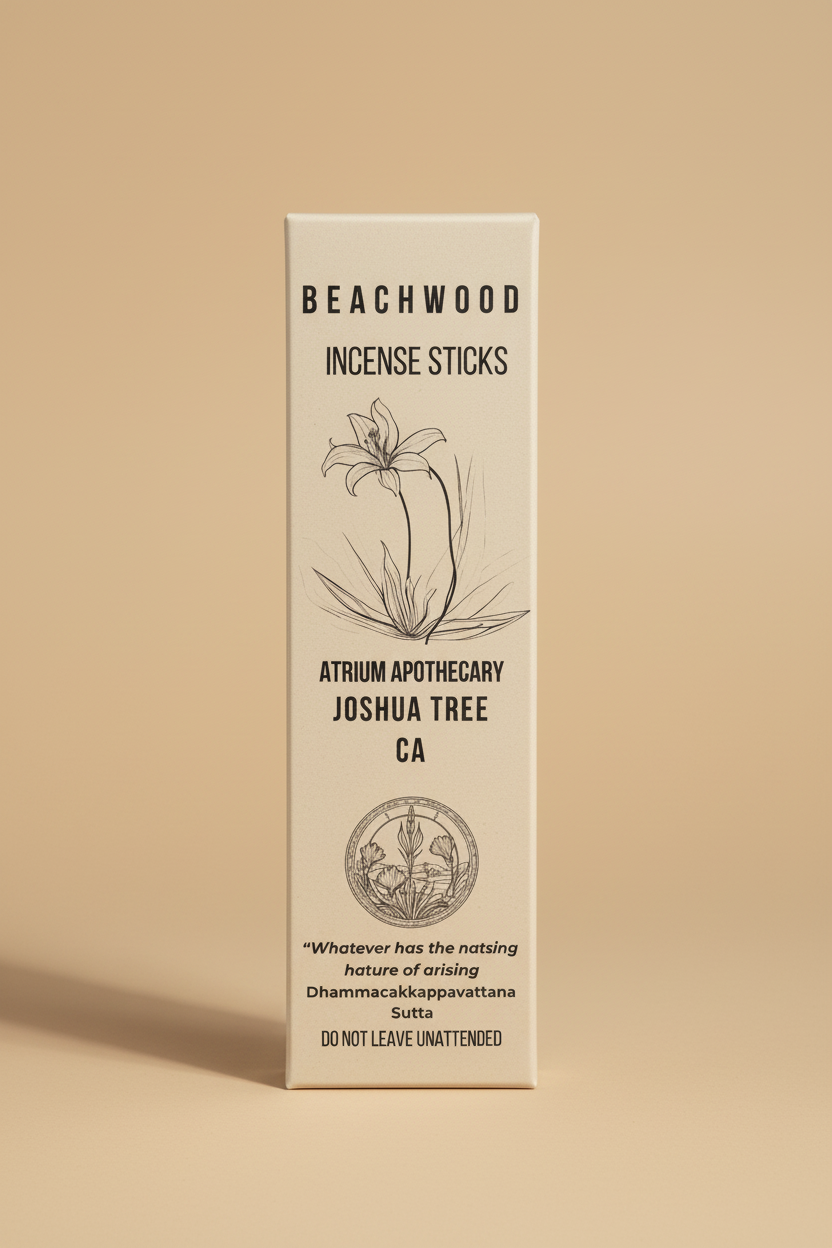 Beachwood incense sticks packaging with natural elements on a light background