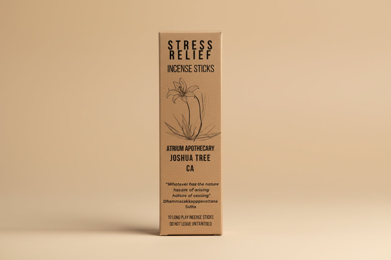 Incense sticks packaging with Atrium Apothecary branding and Joshua Tree location.