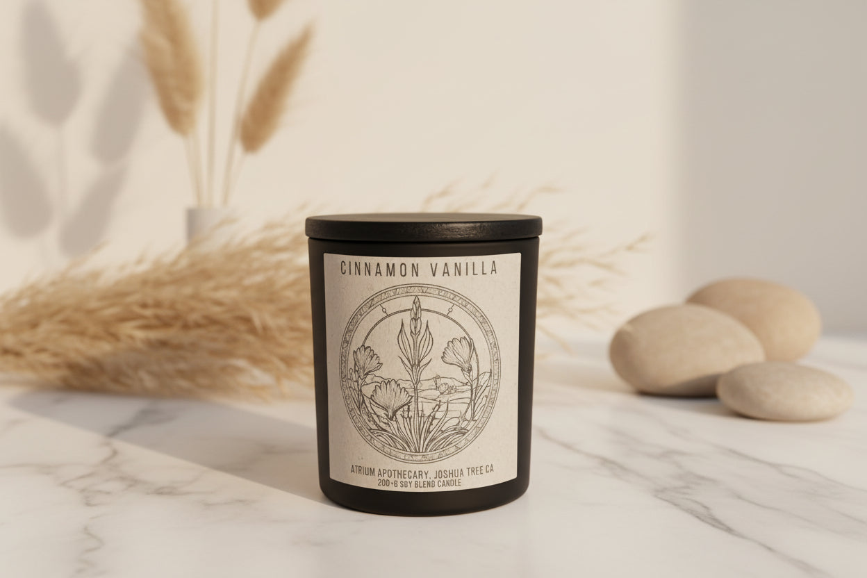 A black glass jar candle with a label that reads 'Cinnamon Vanilla' and 'Atrium Apothecary, Joshua Tree, CA'. The label also features an illustration of a cinnamon stick and vanilla bean.