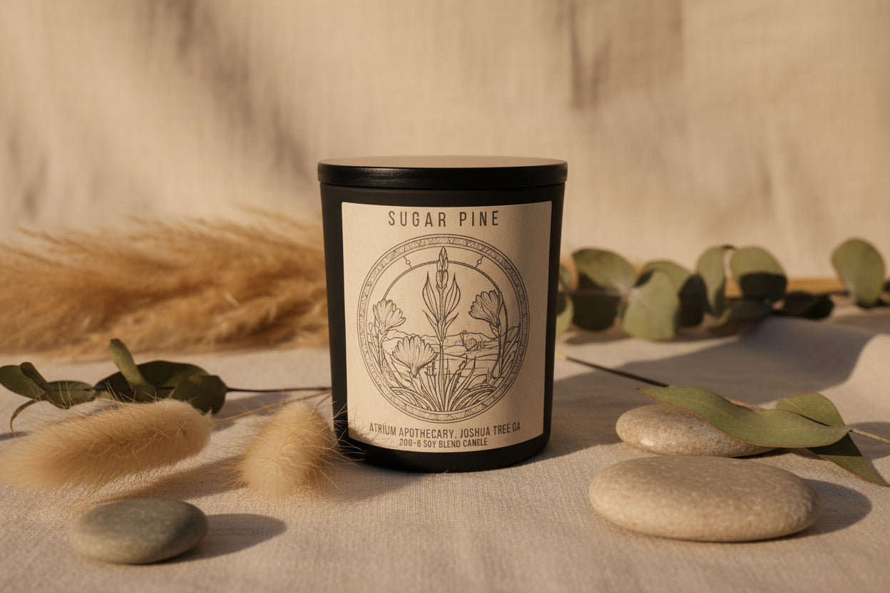 A matte black soy blend candle with a wooden lid, labeled 'SUGAR PINE' with an illustration of pine and juniper berries, and the Atrium Apothecary logo.