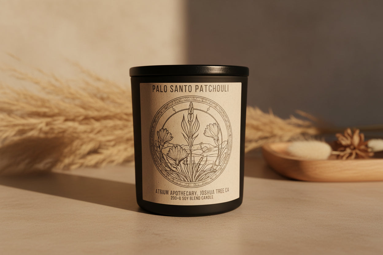 A black jar soy blend candle with a label that reads 'Palo Santo Patchouli' and depicts botanical illustrations. The candle is set on a reflective surface with a light background.