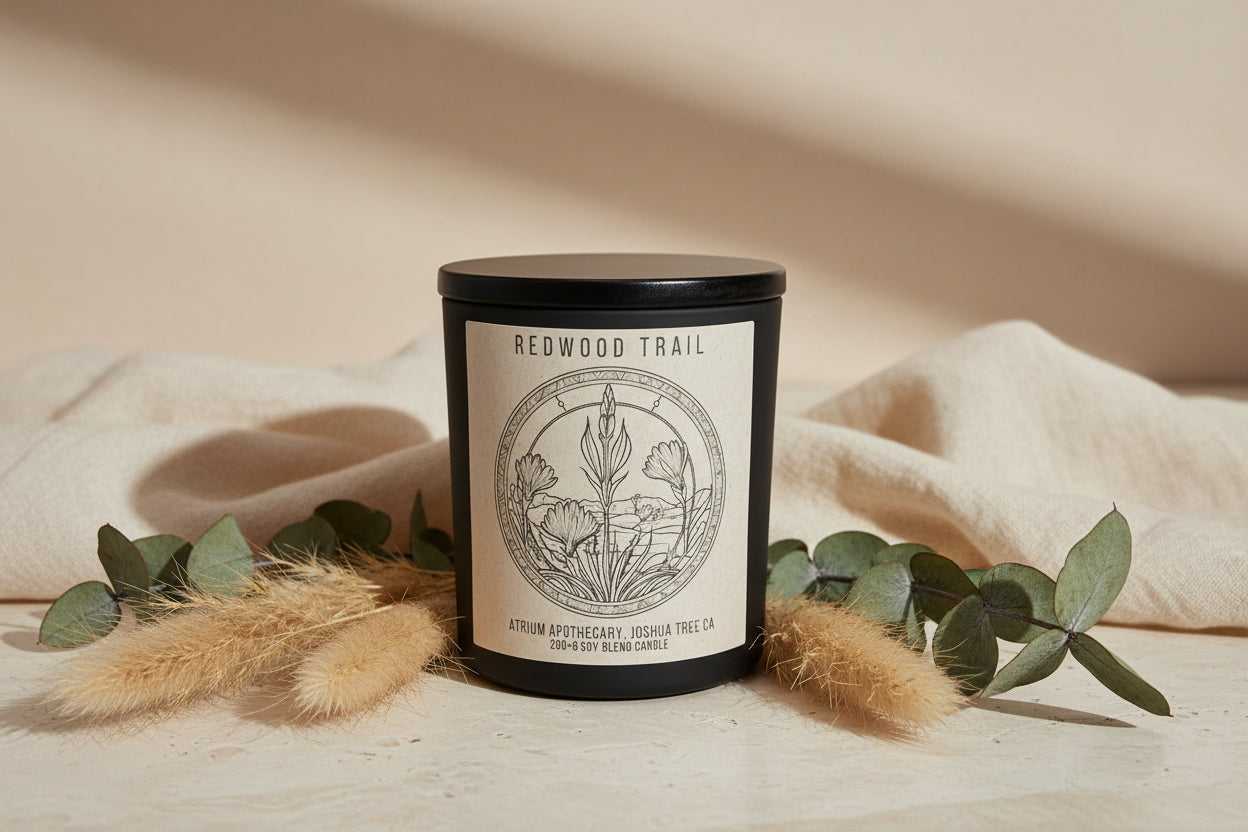 A black glass jar candle with a wooden lid, labeled 'REDWOOD TRAIL' with an illustration of a cinnamon stick and surrounding flora.