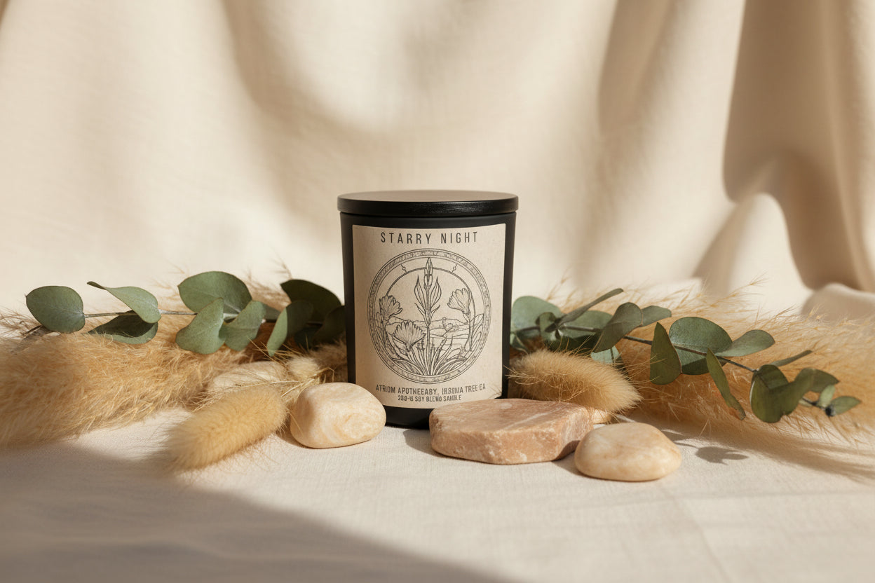 A matte black jar candle with a wooden lid, labeled 'Starry Night' by Atrium Apothecary. The label features a hand-drawn illustration of a marshmallow and flowers.