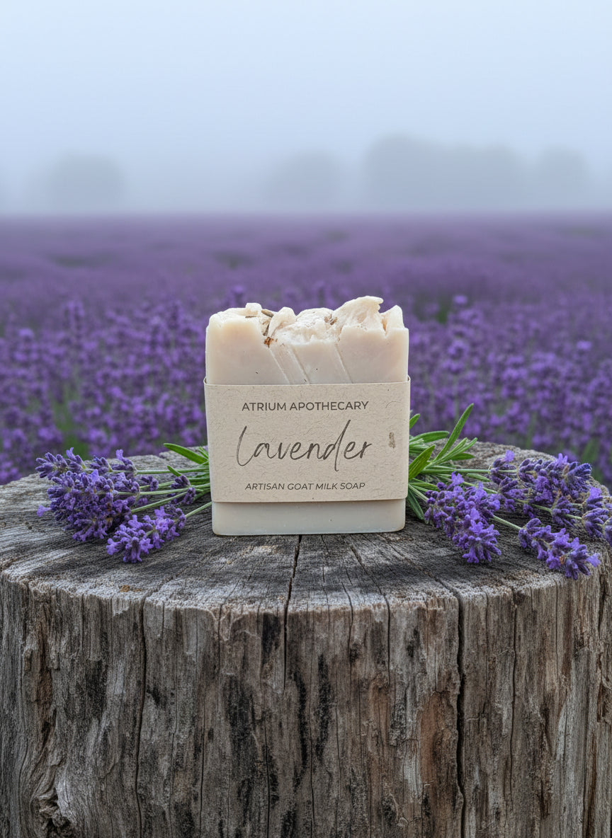 Bar of lavender soap on a wooden stump with a lavender field in the background
