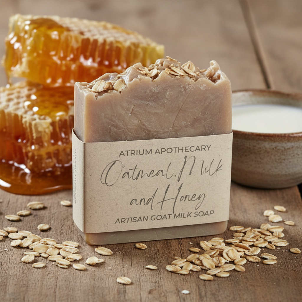 A bar of oatmeal, milk, and honey artisan goat milk soap with a brown paper label that reads 'Atrium Apothecary Oatmeal, Milk and Honey Artisan Goat Milk Soap'.