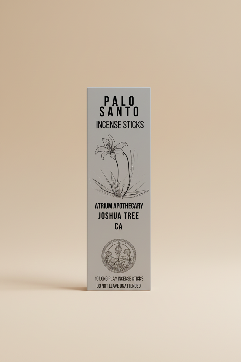 Palo Santo incense sticks packaging with Atrium Apothecary branding and incense information.