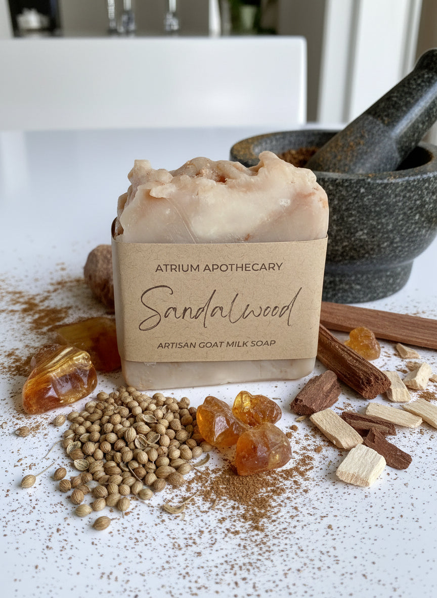 A bar of Sandalwood handmade artisan soap with a beige wrapper that reads 'Atrium Apothecary Sandalwood Artisan Goat Milk Soap'.