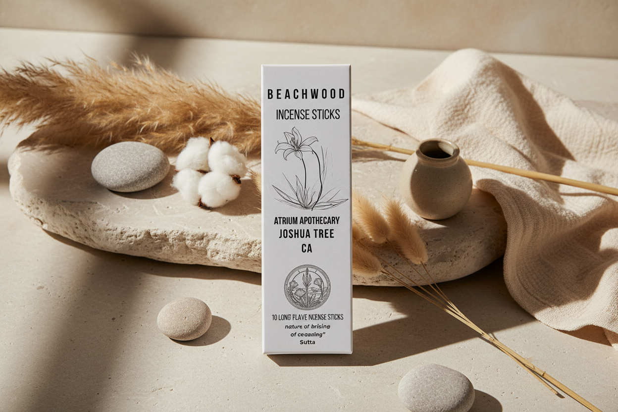 A pack of incense sticks with the label 'BEACHWOOD INCENSE STICKS' and the brand 'Atrium Apothecary Joshua Tree CA'.