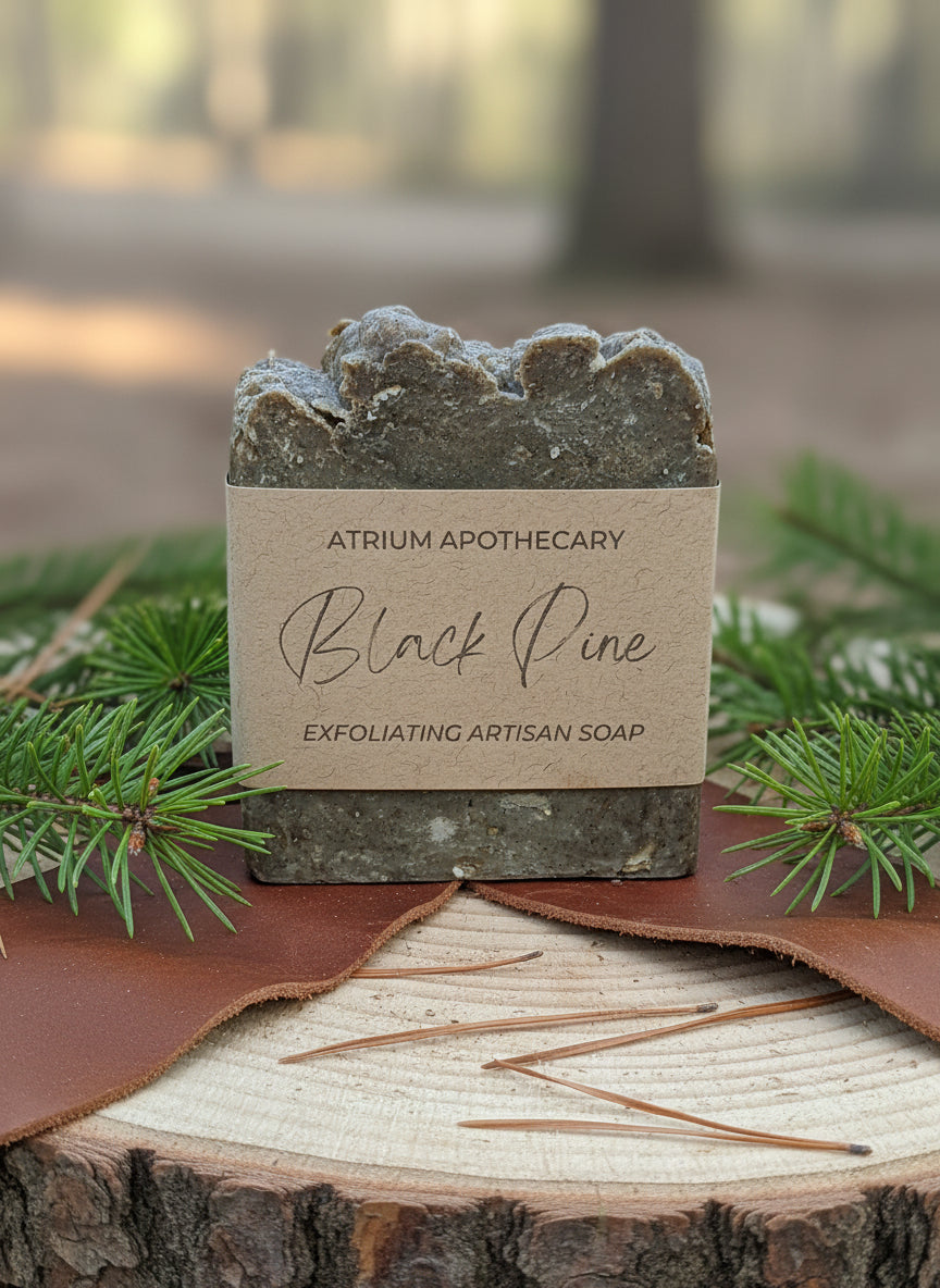 A bar of handmade artisan soap with a rough, exfoliating texture, wrapped in a brown paper band labeled 'Black Pine Exfoliating Artisan Soap' by Atrium Apothecary.