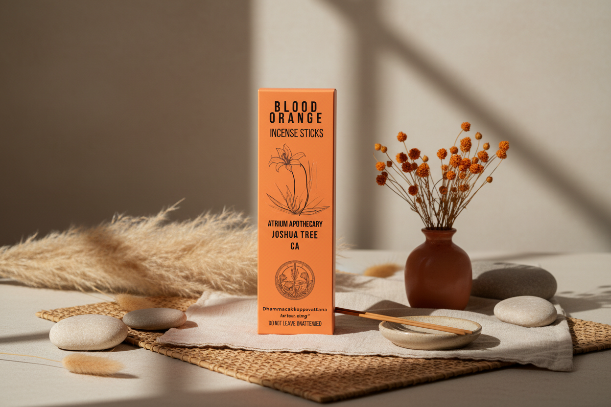 A pack of Blood Orange hand-dipped incense sticks by Atrium Apothecary, with branding and scent information on the label.