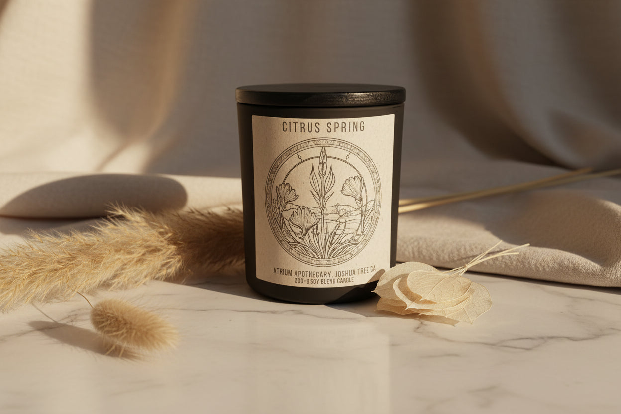 A black jar candle with a label that reads 'CITRUS SPRING' and includes an illustration of plants and flowers.
