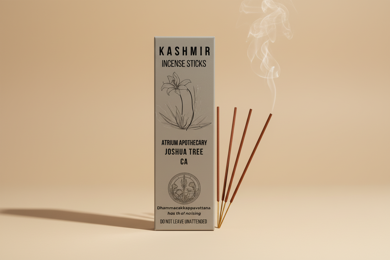 Incense sticks packaging with Atrium Apothecary and illustration on a gray background