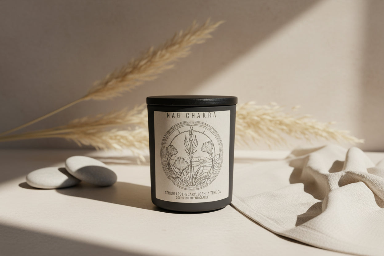 A black soy blend candle with a label that reads 'Nag Chakra' and is adorned with illustrations of herbs and a tree.
