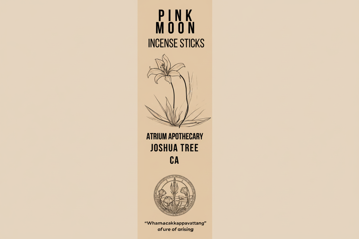 Incense sticks packaging with Joshua tree illustration and Atrium Apothecary branding.