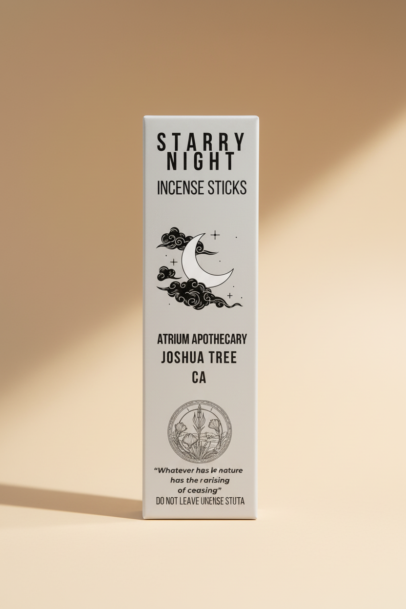 Incense sticks packaging with moon and cloud design, Atrium Apothecary branding, and text about Dhammapada quote.