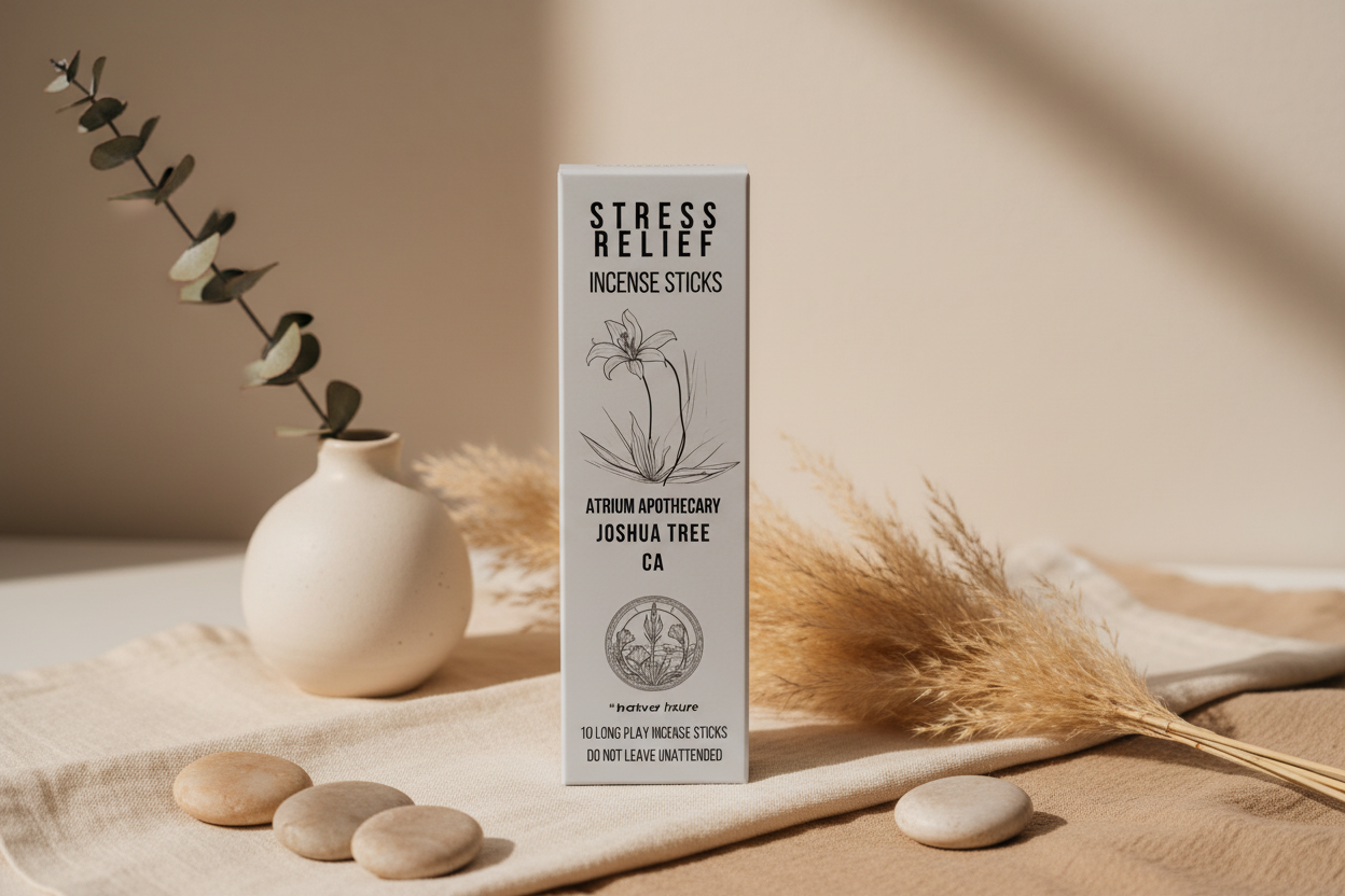 A pack of Stress Relief incense sticks by Atrium Apothecary with an image of a Joshua Tree and some decorative elements.