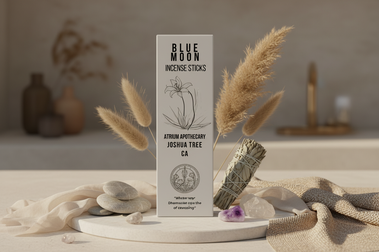 A pack of Blue Moon incense sticks with a graphic of a blue moon and a cactus on the packaging.
