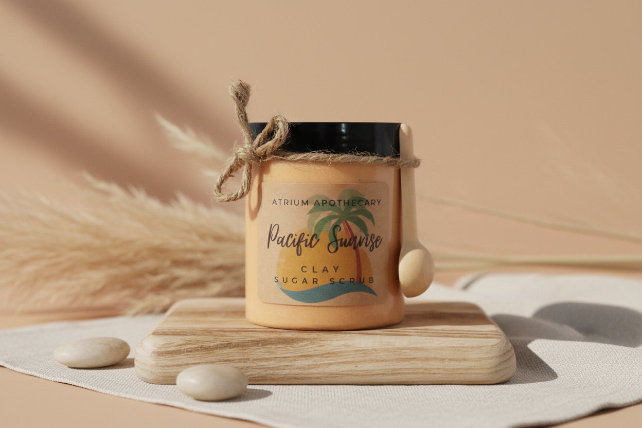 Jar of Atrium Apothecary Pacific Sunrise Clay Sugar Scrub on a wooden block with a white background