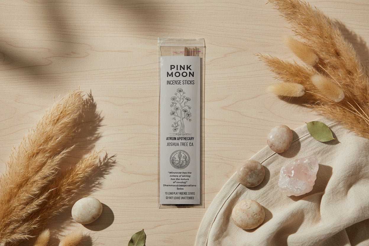 Pack of Pink Moon incense sticks with branding on a white background