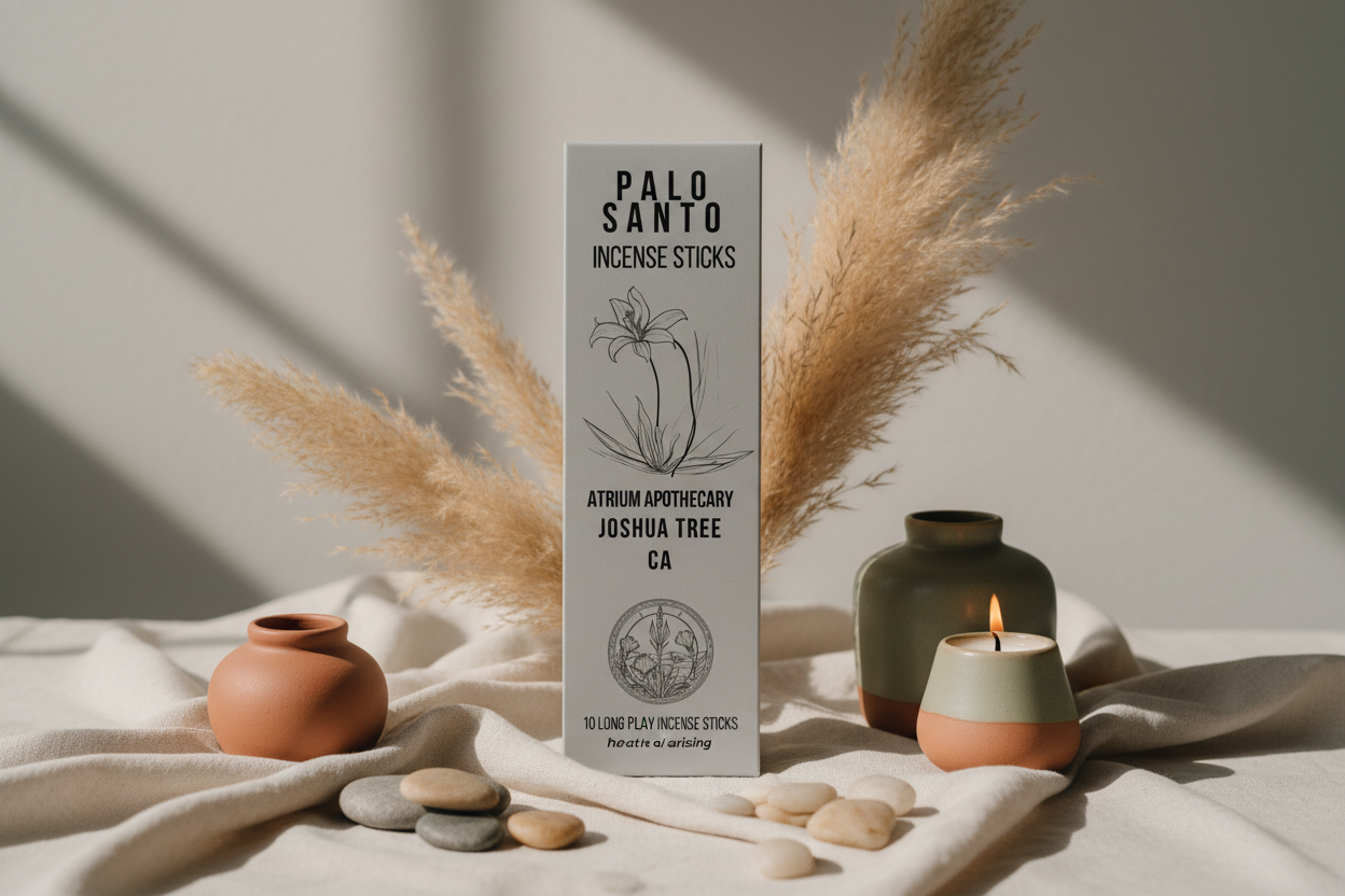 A package of Palo Santo incense sticks with a graphic of a tree and text including the product name and a quote.